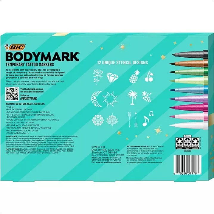 lot 304 image: NEW BIC BodyMark Temporary Tattoo Kit, 9 Markers & 6 Stencil Sheets