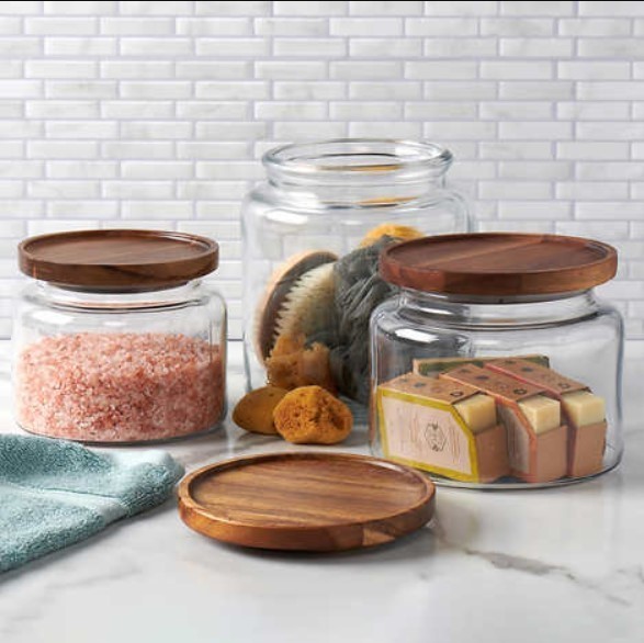 lot 148 image: Anchor Hocking Glass Jars with Acacia Lids, Set of 3