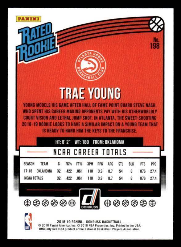 lot 93 image: 2018 Donruss Trae Young Rookie Card #198