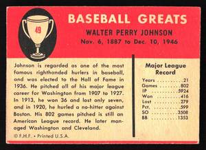 lot 20 image: 1961 Fleer Baseball Greats Walter Johnson #49
