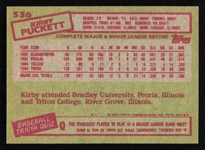 lot 47 image: 1985 Topps Kirby Puckett Rookie Card #536