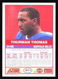 lot 105 image: 1989 Score Thurman Thomas Rookie Card #211