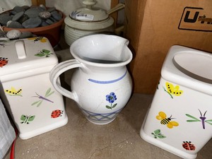 lot 364 image: Decorative Kitchen Hug Bug Canister, Cookie Jar, and Floral Pitcher