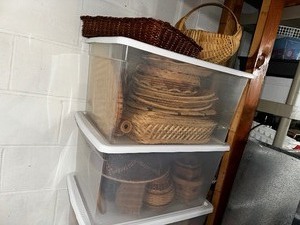 lot 365 image: Large Lot of Various Woven Baskets, Chargers, Serving Trays