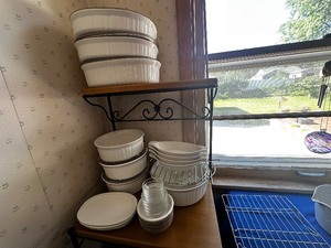lot 159 image: Complete Corning Ware White Casserole Dishes