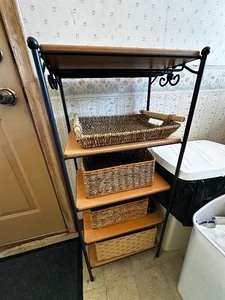 lot 161 image: Bakers Rack Green Metal and Wood Small Shelf with Baskets