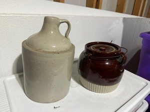 lot 300 image: Antique Stoneware 3 Gallon Jug and Vintage 1 Qt. Stoneware Crock Bean Pot with Lid