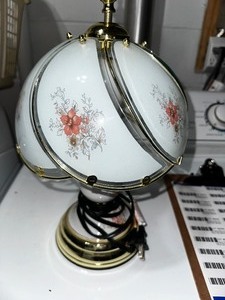 lot 242 image: Small Brass and Floral Glass Lamp 15 Tall