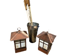 lot 326 image: Two Metal Candle Lanterns and Wood Carved MCM Vintage Wood Cattails