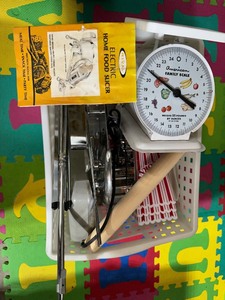 lot 220 image: Bin Including Scale Rival Electric Home Food Slicer Popcorn Buckets and More