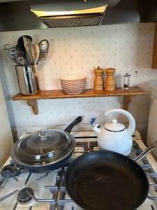 lot 88 image: Cooking Utensils Salt & Pepper Shakers Vintage Tea Pot Cooking Pans As Seen in Photo