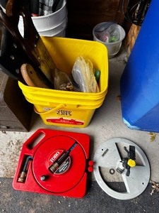 lot 403 image: Bin Of Handsaw And Garden Tools