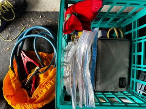 lot 410 image: Bin Of Jumper Cables, And Bungee Cords