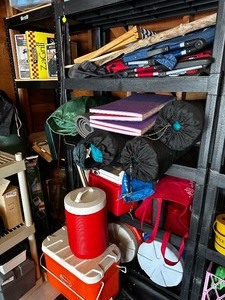 lot 419 image: Entire Lot Of Camping Supplies As Seen In Photo Large Tent, Cook Top, Cooking Stove, Cooking Stand, Screen Tent, Lantern, Griddle Pots, Camp Pads, And Coolers
