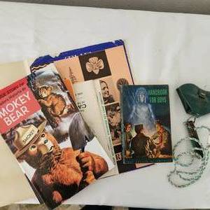 lot 18 image: Vintage Scouting Books, Sewing Kit, And Pocket Knife.