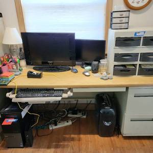 lot 26 image: Office Desk Assorted Office Supplies 2 Monitors Desk 60 x 20