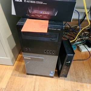 lot 25 image: Dell Optiflex 90 Desktop Computer 4 GB Ram 2 Hard Drives 250 GB And 150 GB With Asus Wifi Router.
