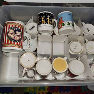 lot 340 image: Bin Of Assorted Holiday Coffee Mugs.