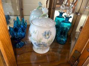 lot 24 image: Vintage Viking Epic Blue Glass Vase, MCM Blue Glass Decanter, and Lenox Butterfly Meadow Canister with Lid