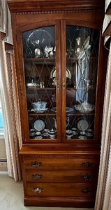 lot 32 image: Vintage Ethan Allen Wood China Cabinet- 16 x 34 x 79 12 Featuring 4 Shelves and Three Drawers