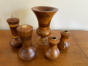 lot 151 image: Handmade MCM Wood Salt And Pepper Shakers, Candle Holders, And Vase