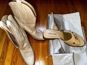 lot 171 image: Pair Of Heeled Cowboy Boots, Size 8 12, And A Pair Of Your Cabin Sandals, Size 8, Medium