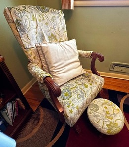 lot 106 image: Vintage Upholstered Rocking Chair with Foot Stool