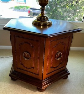 lot 2 image: Vintage Solid Wood Hexagon End Table With Doors For Storage - 17 Inches Tall 26 Inches Wide
