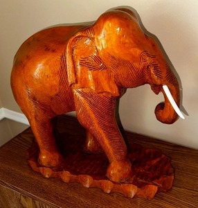lot 4 image: Vintage Hand Carved Wood Elephant Figure- 14 Inches Wide 14 Inches Tall