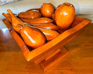 lot 9 image: Hand Carved Bowl Of Wooden Fruit - 11 Inches Wide 9 Inches Tall