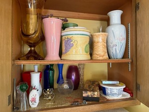lot 82 image: Cupboard Full of Misc Vases, Jars, Candle Holders as Seen In Photo