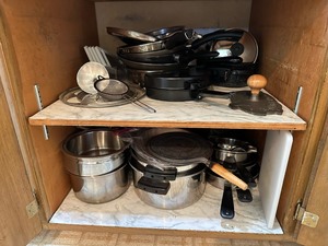 lot 86 image: Cupboard Full of Misc Pots, Pans, Strainers, Bacon Press, Etc
