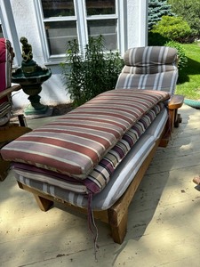 lot 330 image: Custom Handmade Adjustable Patio Lounge Chair with Cushions and Covers 66in x 29in x 32in