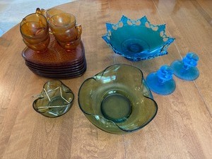 lot 68 image: Assortment of Colorful Glass Bowls, Cups, Dishes, and Candle Holders