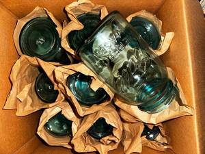 lot 213 image: Vintage Collection Of Blue Mason Jars with Lids