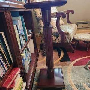 lot 59 image: Vintage Mahogany Plant Stand Carved Wood Table Pedestal Brass Footed