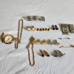lot 147 image: Vintage Arnex 17 Jewels Incabloc Mechanical Wind Up Pocket Watch With Collection Of Vintage Cuff Links