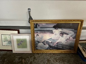 lot 356 image: Framed Print Of Two Women By Pond With Swans In Ornate Gold Frame And Two Additional Prints