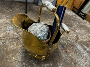 lot 370 image: Brass Colored Bucket With Fire Starters And Matt