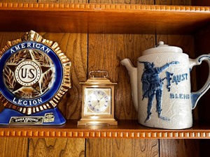 lot 229 image: Faust Blend Blankes Drip Coffee Pot, American Legion Display, and Mantle Clock