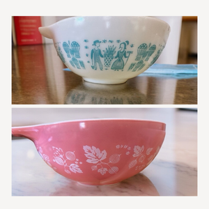 lot 74 image: Vintage PYREX Mixing Bowls - Pink Gooseberry Mixing Bowl, Turquoise Amish Butterprint Mixing Bowl