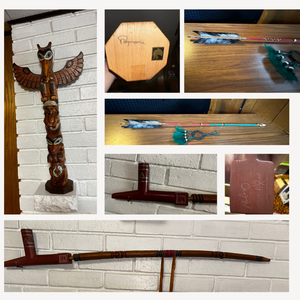 lot 220 image: Vintage Hand Carved Totem Pole, Large Native American Pipestone Pipe (Signed), Arrow, and Dream Catcher