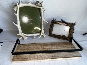 lot 40 image: Cabin Decor Wood And Metal Shelf, Antler Frame and Fish Themed Frame
