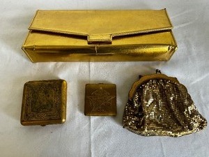 lot 37 image: Vintage Gold Clutch Coin Purse, Gold Colored Makeup Compact, and Vintage Razor