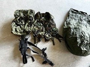 lot 44 image: Military Issued Tactical Load Bearing Vest, Drop Leg Holster, Waterproof Bag, and Small Backpack