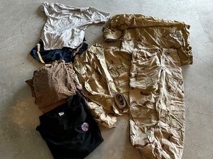 lot 46 image: Military Desert Style Camo Jacket - Medium, Pants- Small Long, Poncho, Athletic Shorts, T-Shirts (Ranging Size M - XXL)