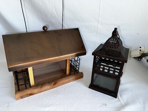 lot 15 image: Wood And Copper New Birdfeeder, and Two Metal & Glass Lanterns