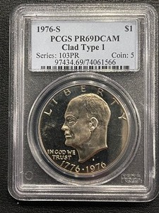lot 106 image: 1976-S Eisenhower Dollar Proof PCGS PR69 Deep Cameo Clad Type 1