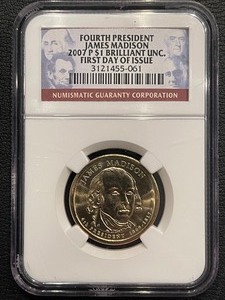 lot 112 image: 2007-P James Madison Dollar NGC Brilliant Uncirculated First Day of Issue