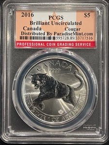 lot 113 image: 2016 Canada Cougar $5 Dollar .999 Silver Round PCGS Brilliant Uncirculated